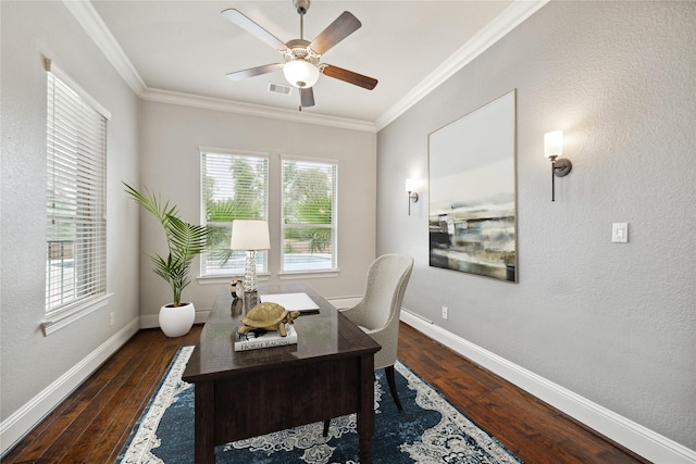 office area with ceiling fan, crown molding, and dark hardwood / wood-style floors