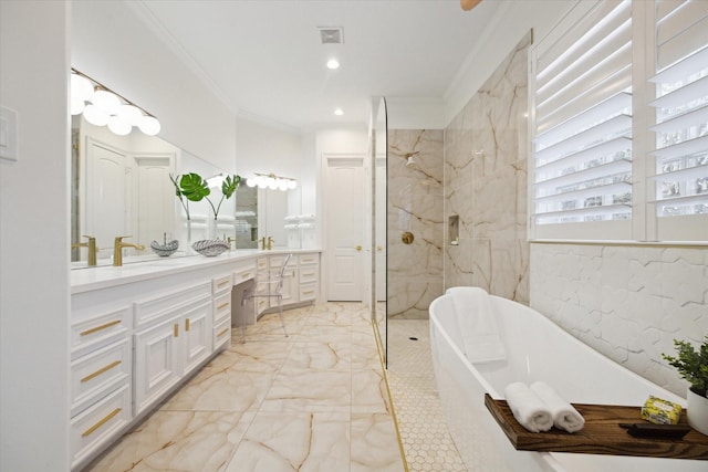 1406 Sue Barnett Dr, Houston, TX 77018 - full bathroom with marble tiled floors, ornamental molding, double vanity, a freestanding bath, and a marble finish shower