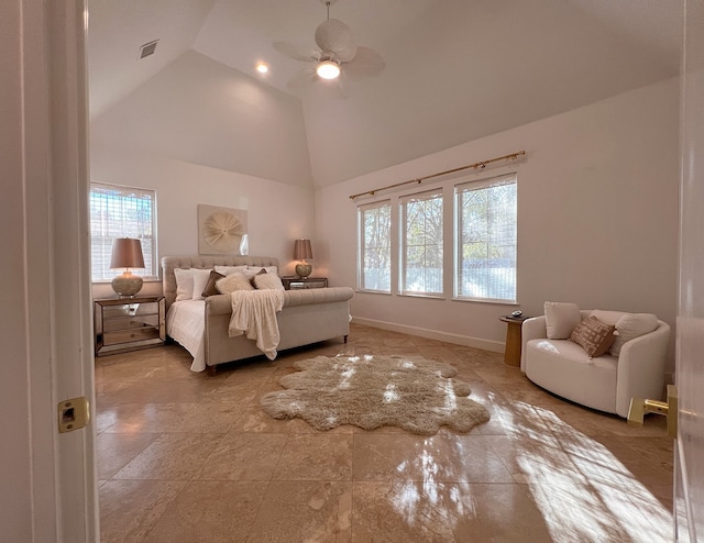 1406 Sue Barnett Dr, Houston, TX 77018 - bedroom featuring multiple windows, high vaulted ceiling, ceiling fan, and baseboards