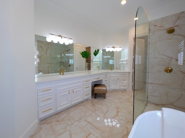 1406 Sue Barnett Dr, Houston, TX 77018 - bathroom with a marble finish shower, a soaking tub, and double vanity