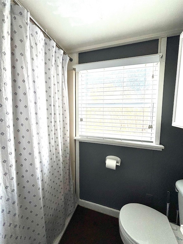 bathroom with a shower with curtain, a healthy amount of sunlight, and toilet