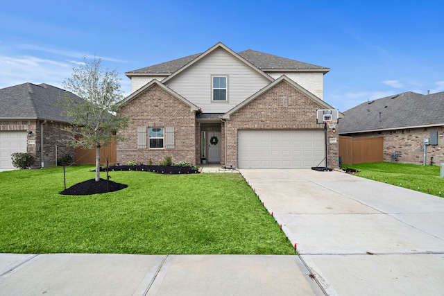 view of front property featuring a garage and a front lawn