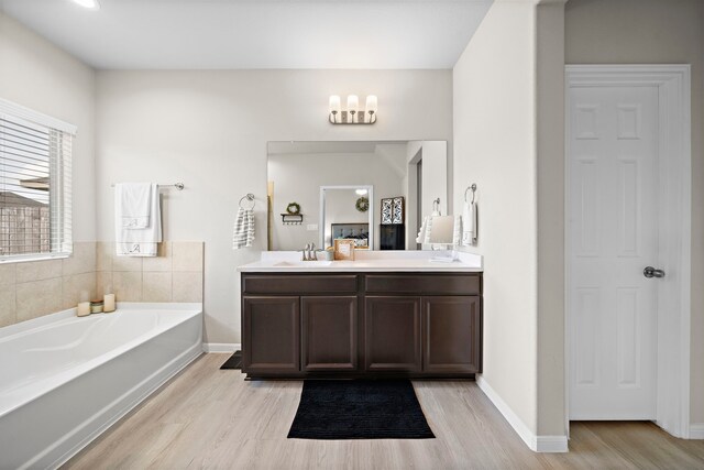 bathroom with a tub to relax in, hardwood / wood-style floors, and vanity