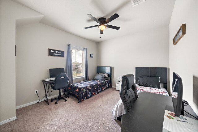 bedroom with carpet flooring, ceiling fan, and lofted ceiling