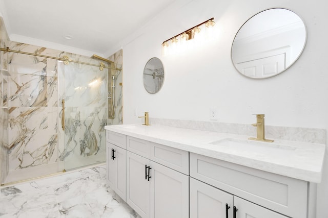 bathroom featuring crown molding, vanity, and walk in shower