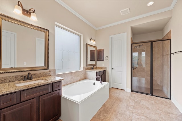 bathroom with tile patterned flooring, shower with separate bathtub, vanity, and crown molding