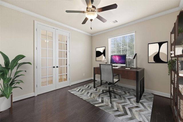 office space with dark hardwood / wood-style flooring, crown molding, french doors, and ceiling fan