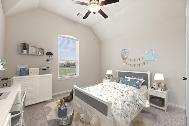 carpeted bedroom featuring ceiling fan and lofted ceiling