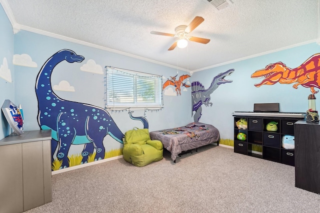 carpeted bedroom with ceiling fan, ornamental molding, and a textured ceiling