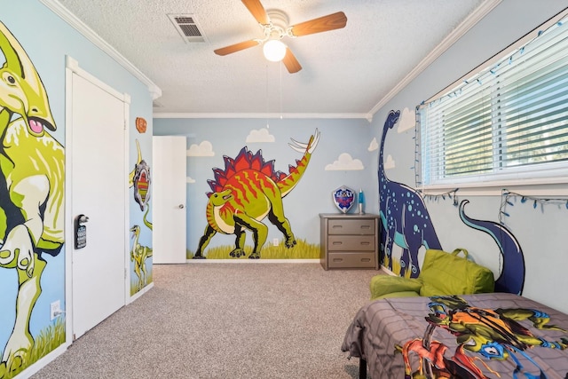 bedroom with carpet flooring, ceiling fan, crown molding, and a textured ceiling