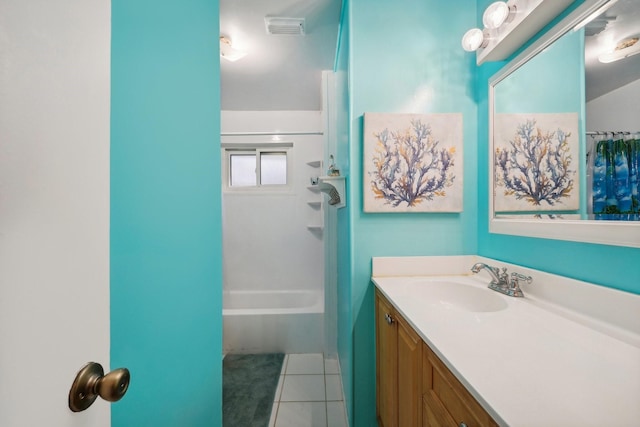 bathroom with tile patterned floors, vanity, and shower / tub combo