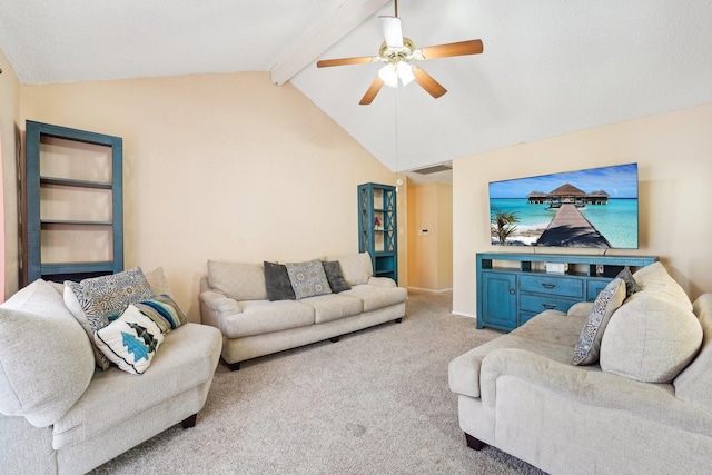 living room with lofted ceiling with beams, ceiling fan, and light colored carpet