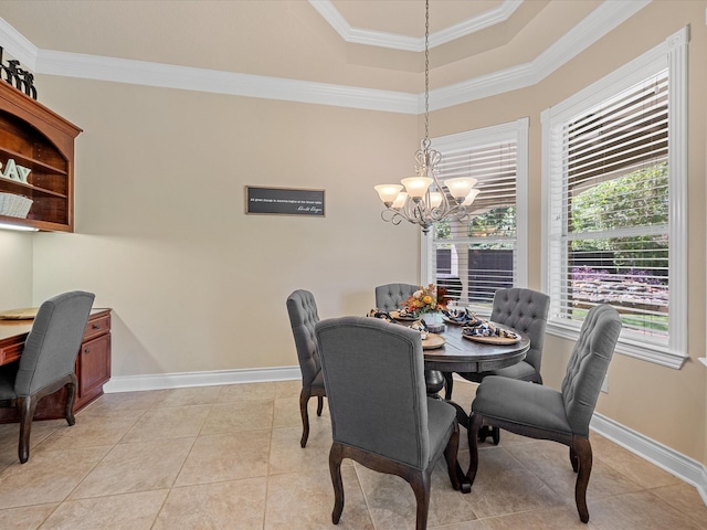 tiled dining area with a notable chandelier and crown molding