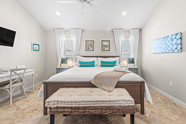 bedroom featuring ceiling fan and multiple windows