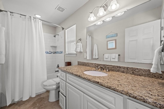 full bathroom featuring vanity, toilet, and shower / tub combo with curtain