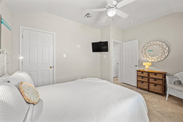 bedroom featuring ceiling fan and lofted ceiling