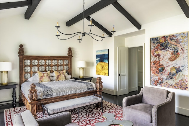 bedroom featuring lofted ceiling with beams, dark wood-type flooring, and an inviting chandelier