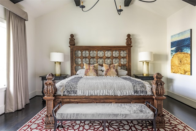 bedroom featuring dark wood-type flooring and lofted ceiling with beams