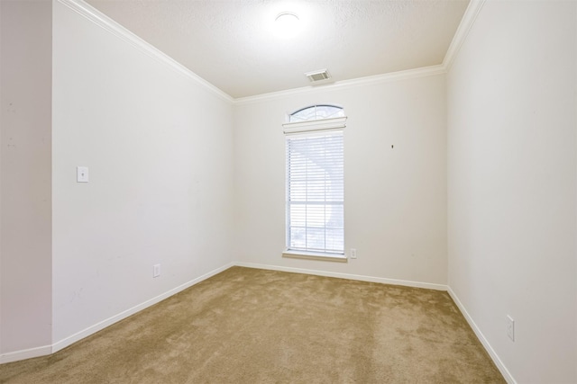 carpeted spare room with a textured ceiling and ornamental molding