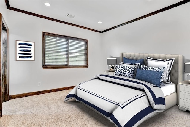 carpeted bedroom featuring ornamental molding