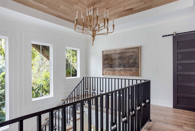 hallway featuring a barn door, light wood-type flooring, and an inviting chandelier