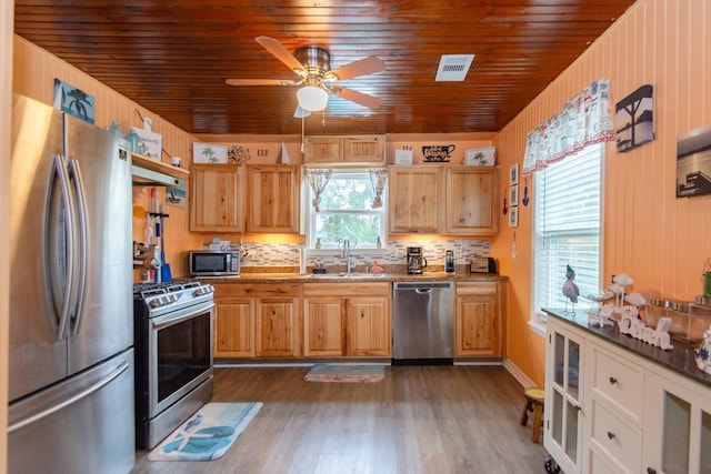 kitchen with sink, wooden walls, ceiling fan, dark hardwood / wood-style floors, and stainless steel appliances