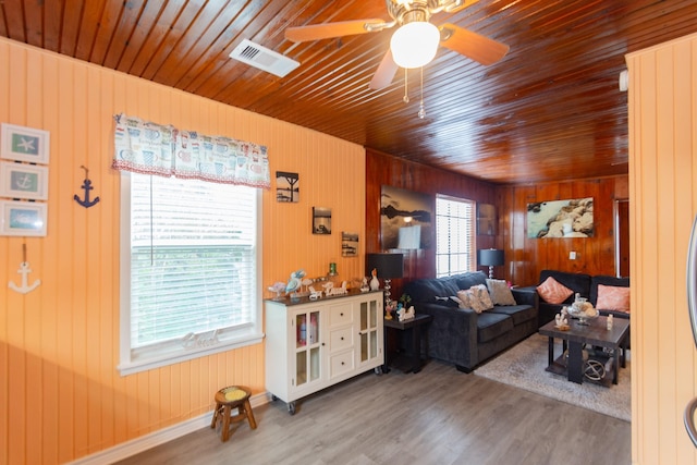 living room featuring wood-type flooring, ceiling fan, wooden walls, and wood ceiling