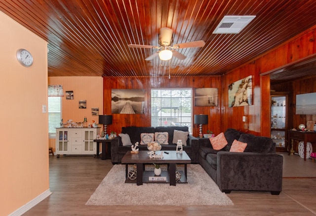 living room featuring ceiling fan, hardwood / wood-style floors, wooden ceiling, and wooden walls