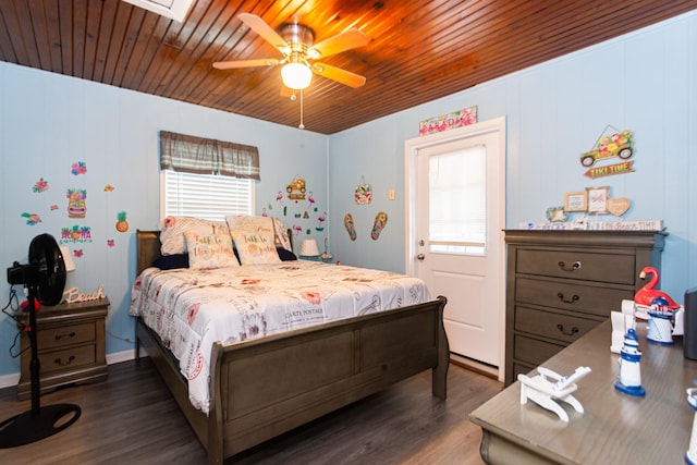 bedroom with ceiling fan, wooden ceiling, and dark wood-type flooring