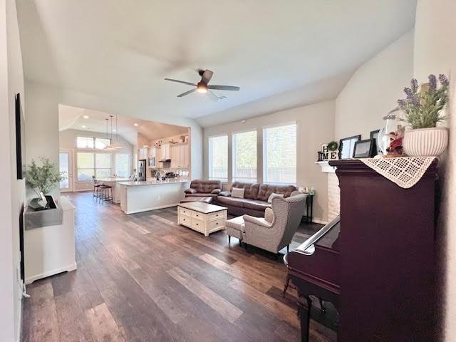 living room with dark hardwood / wood-style floors, vaulted ceiling, ceiling fan, and a healthy amount of sunlight