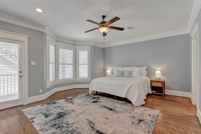 bedroom featuring access to outside, ceiling fan, light hardwood / wood-style flooring, and crown molding