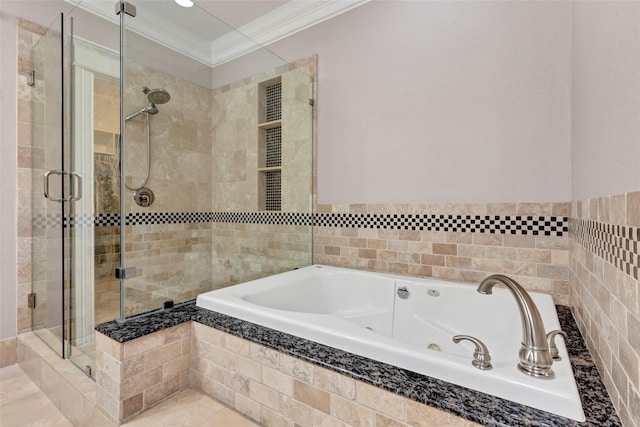 bathroom featuring crown molding and independent shower and bath