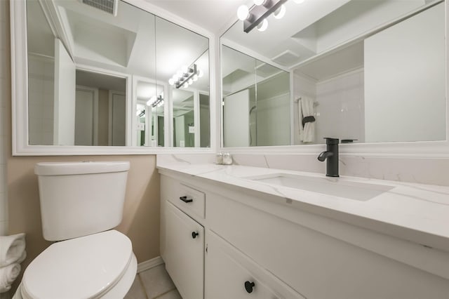 full bathroom with visible vents, vanity, toilet, and walk in shower