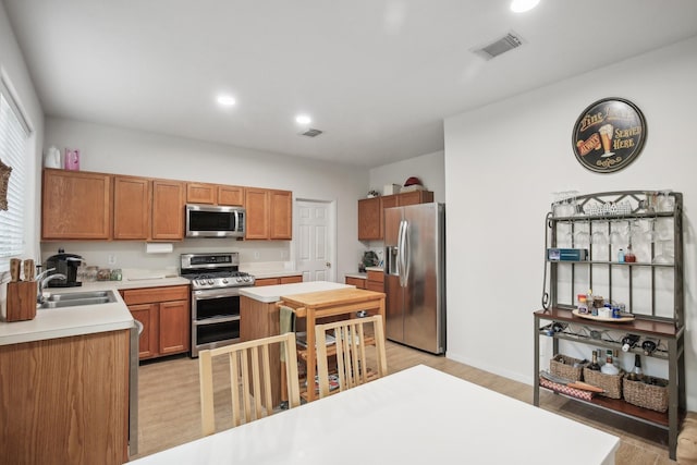 kitchen featuring stainless steel appliances, sink, and light wood-type flooring