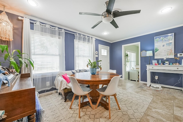 dining space with recessed lighting, a ceiling fan, baseboards, and ornamental molding