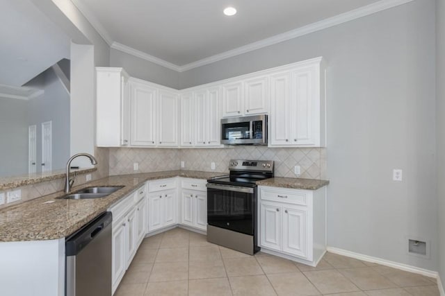 kitchen featuring sink, kitchen peninsula, white cabinets, and appliances with stainless steel finishes