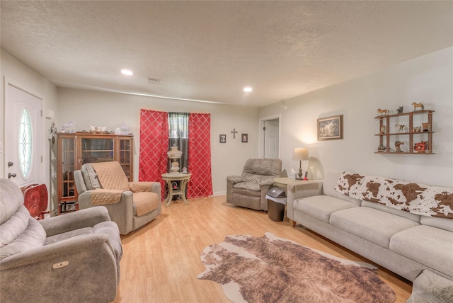 living room featuring a healthy amount of sunlight, a textured ceiling, and light hardwood / wood-style floors