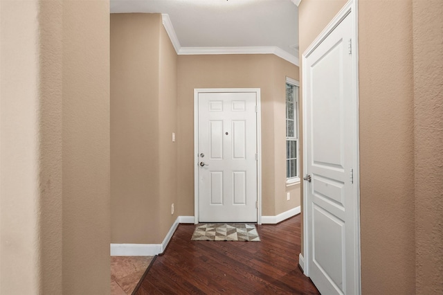 doorway to outside featuring crown molding and dark hardwood / wood-style flooring