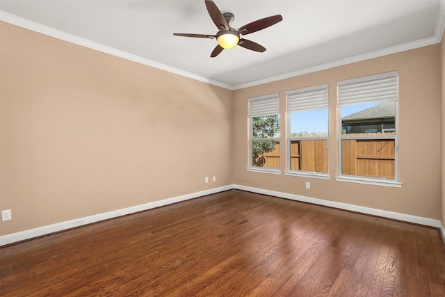 unfurnished room with hardwood / wood-style floors, ceiling fan, and crown molding