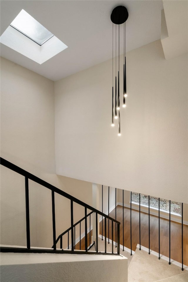 stairs featuring carpet flooring and a skylight