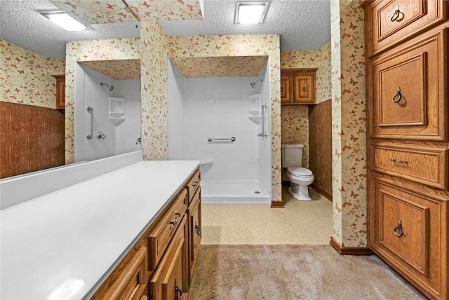 bathroom featuring a shower, vanity, a textured ceiling, and toilet