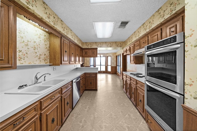 kitchen with a textured ceiling, stainless steel appliances, extractor fan, sink, and a notable chandelier