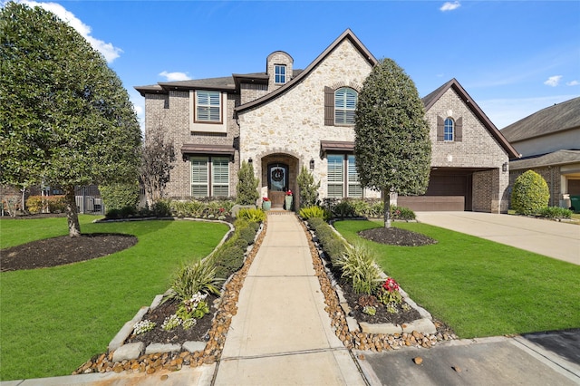 french provincial home with a garage and a front lawn