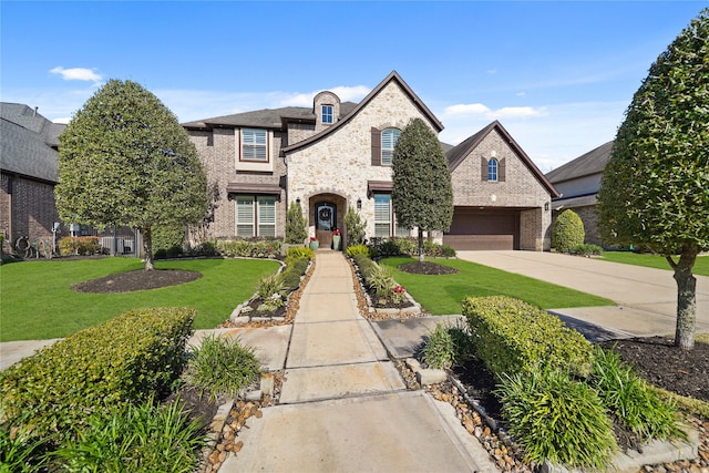 french country inspired facade with a front yard and a garage