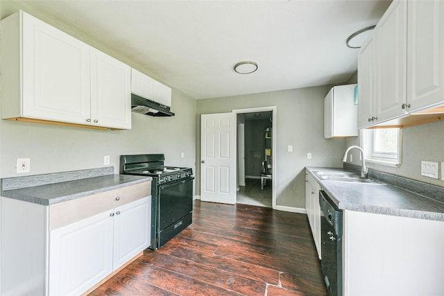 kitchen with white cabinetry, dark wood-type flooring, black appliances, and sink