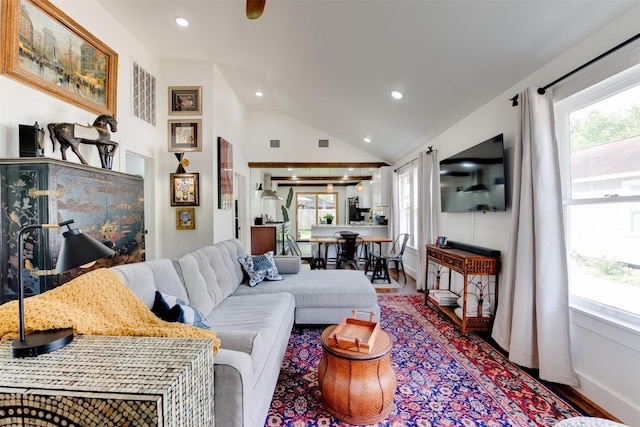 living room featuring hardwood / wood-style flooring and vaulted ceiling