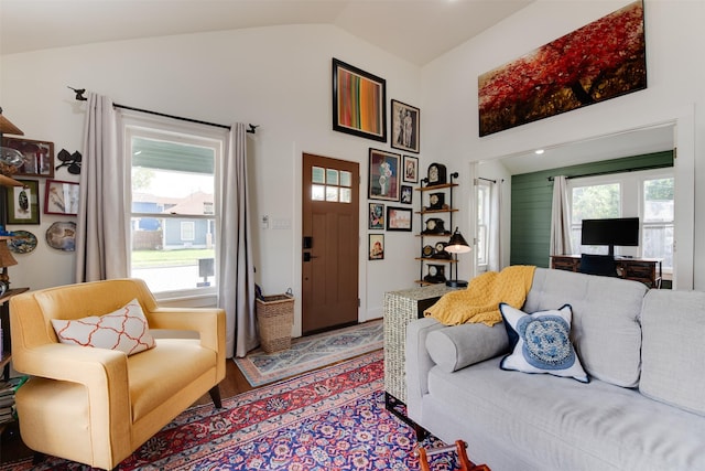 living room featuring wood-type flooring and vaulted ceiling