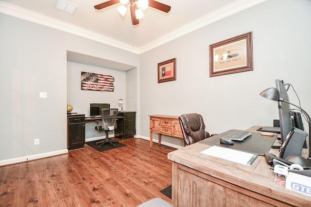 office area featuring ceiling fan, hardwood / wood-style floors, and ornamental molding