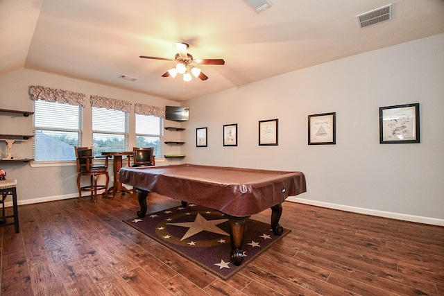 playroom featuring ceiling fan, dark wood-type flooring, vaulted ceiling, and billiards