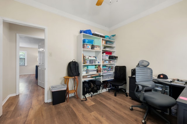 office space featuring crown molding, hardwood / wood-style floors, and ceiling fan